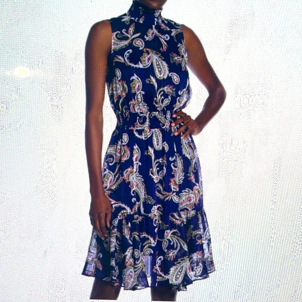 Nanette Lepore high neck sleeveless smocked chiffon dress blue paisley size 4